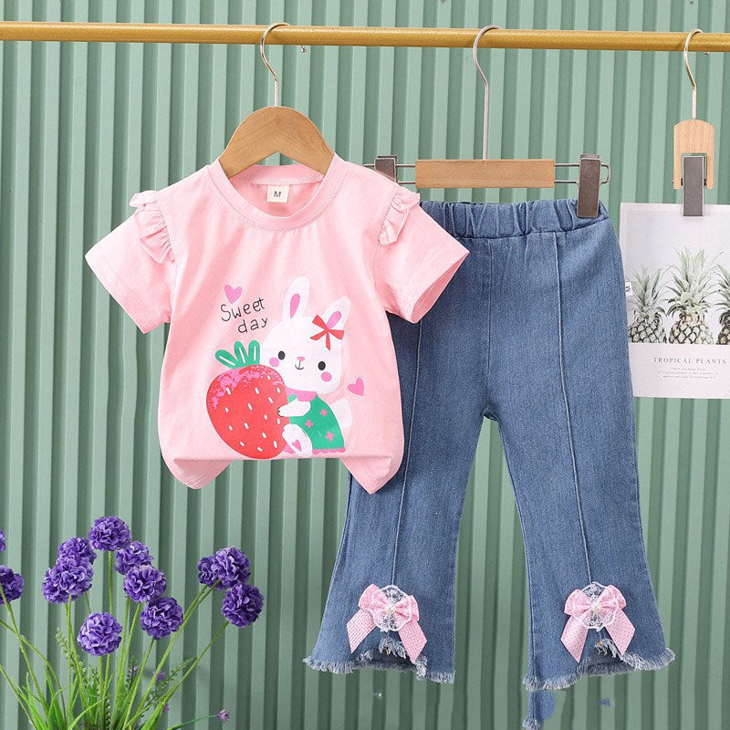 Girls' New Style Foreign Rabbit Short Sleeve Summer Set