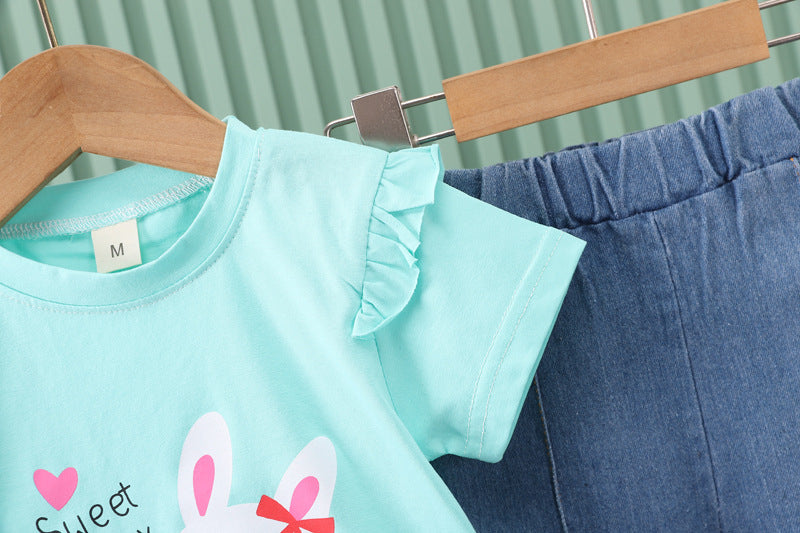 Girls' New Style Foreign Rabbit Short Sleeve Summer Set
