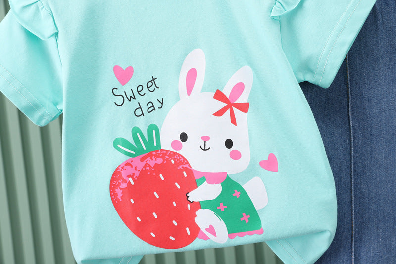 Girls' New Style Foreign Rabbit Short Sleeve Summer Set