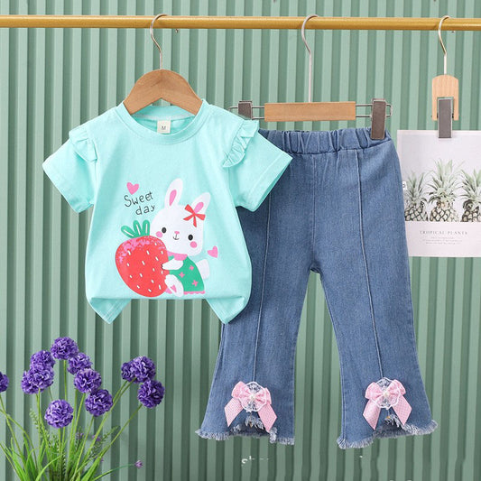 Girls' New Style Foreign Rabbit Short Sleeve Summer Set